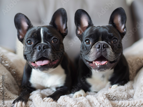 Adorable French Bulldogs: Happy Duo with Black and White Fur photo