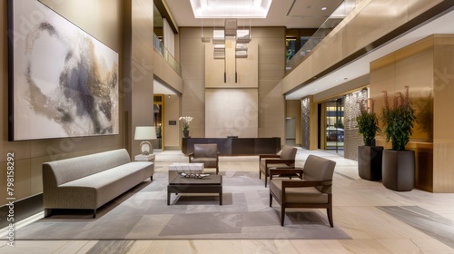 Bright and Airy Contemporary Lobby with Neutral Elegance AI Generated.