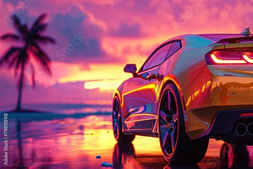 Cruising into Chrome Dreams: A Sleek Yellow Car Against a Photorealistic Magenta Sunset