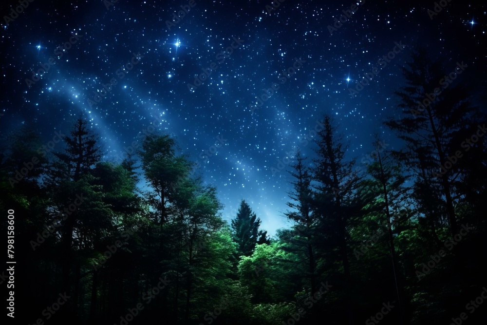 b'Night sky full of stars with dark trees in the foreground'