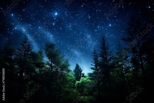 b Night sky full of stars with dark trees in the foreground 