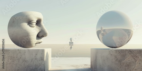 Surrealism painting of a giant head and a sphere photo