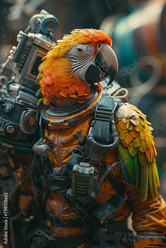 A parrot perched on a spacesuit shoulder, squawking excitedly photo