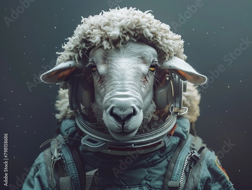 A sheep with a spacesuit helmet askew, looking completely lost