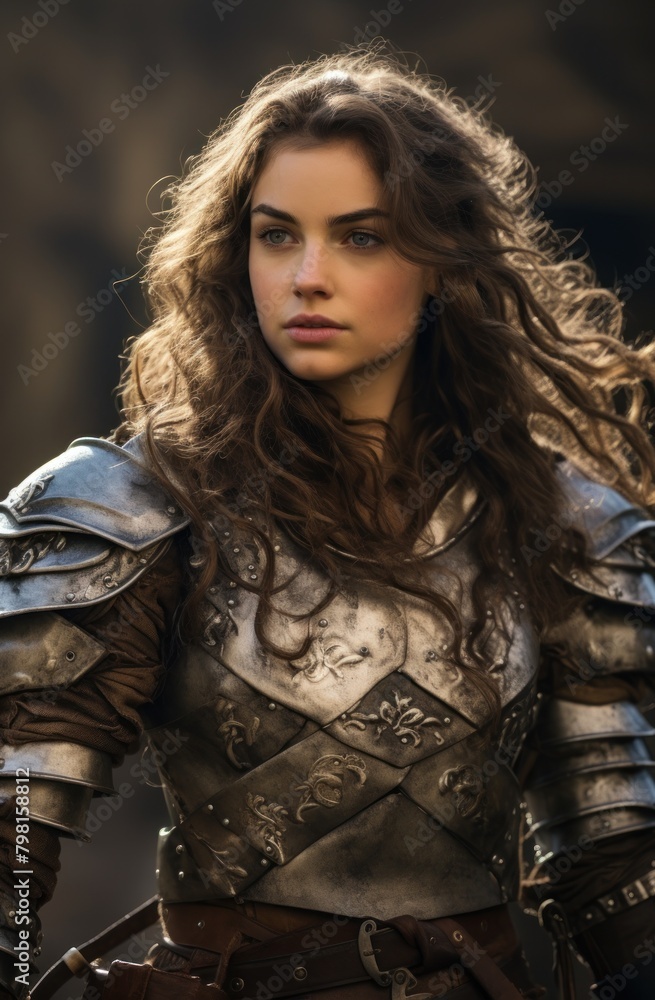 a woman in armor with long hair a woman in armor with long hair