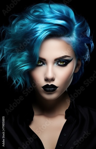 a woman with blue hair and black lipstick