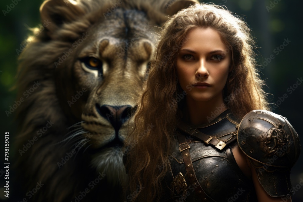 a woman in armor and a lion a woman in armor and a lion