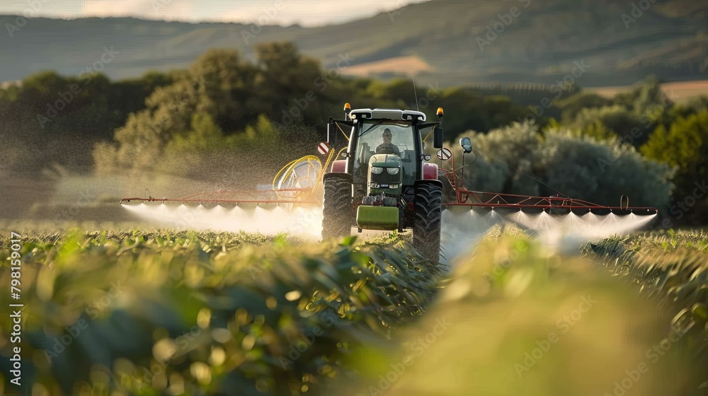 Fototapeta premium b'Tractor spraying pesticides on a corn field'