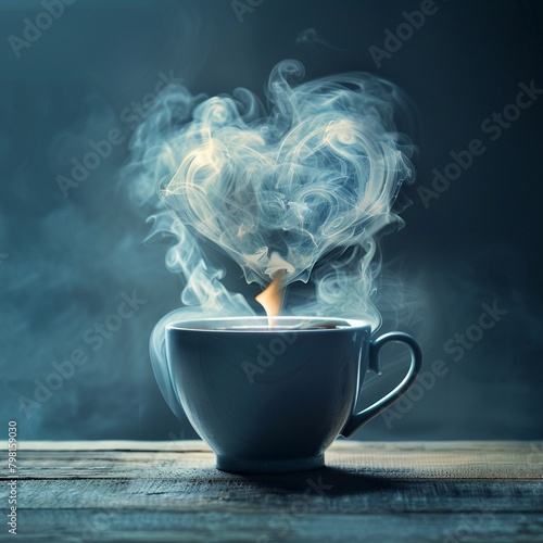 Coffee cup with smoke forming inspirational shapes like hearts or dreams, eative Conceptual Idea