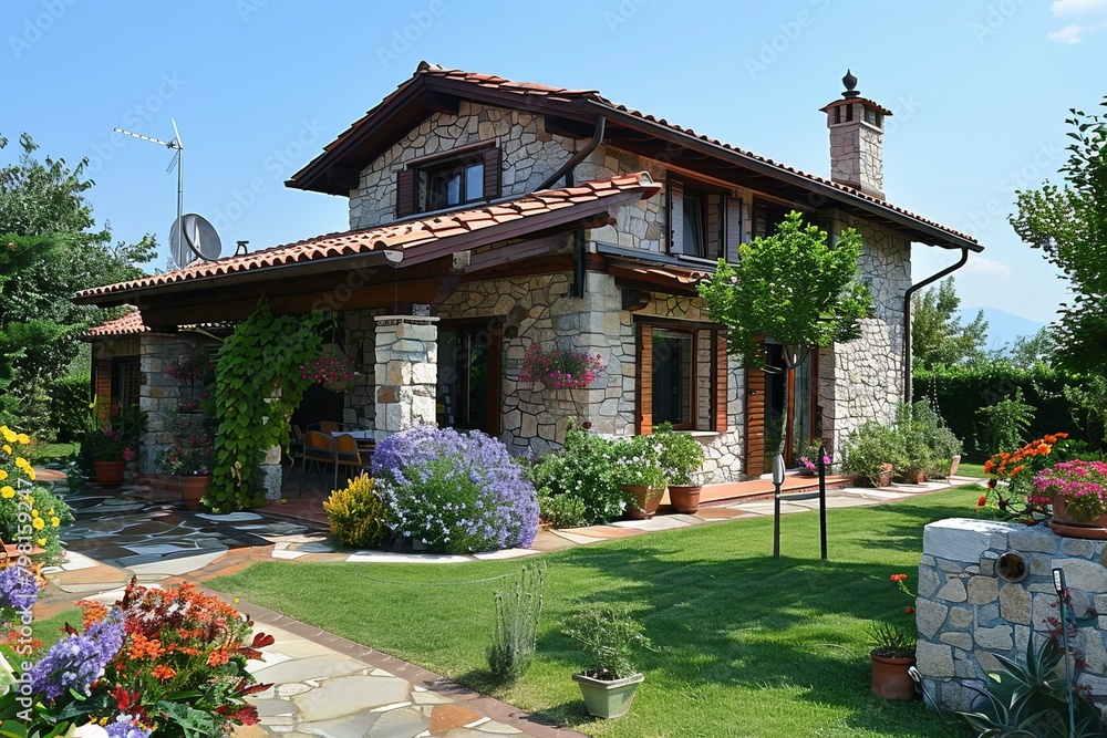 Obraz premium b'A beautiful stone house with a garden'