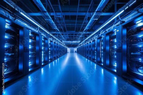 b'Blue and black colored server room with bright lights' photo