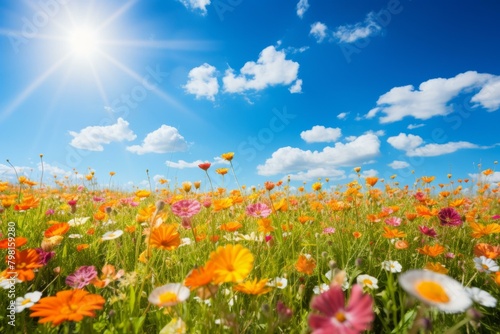 b'Field of flowers under a bright blue sky'