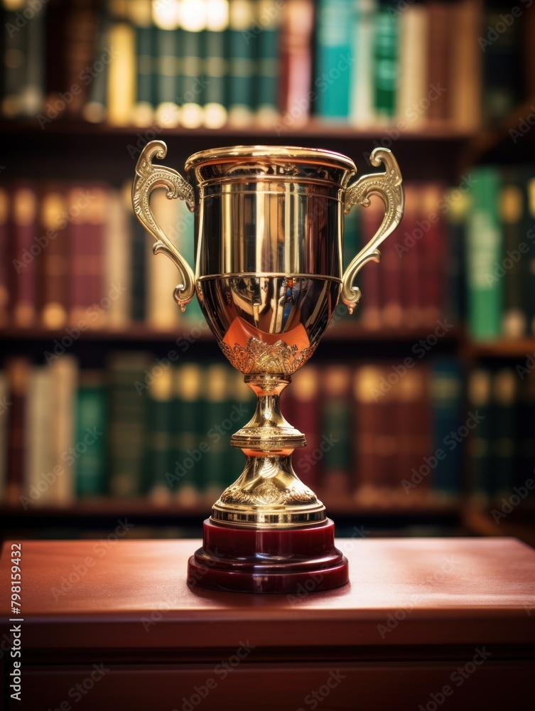 a gold trophy on a table a gold trophy on a table