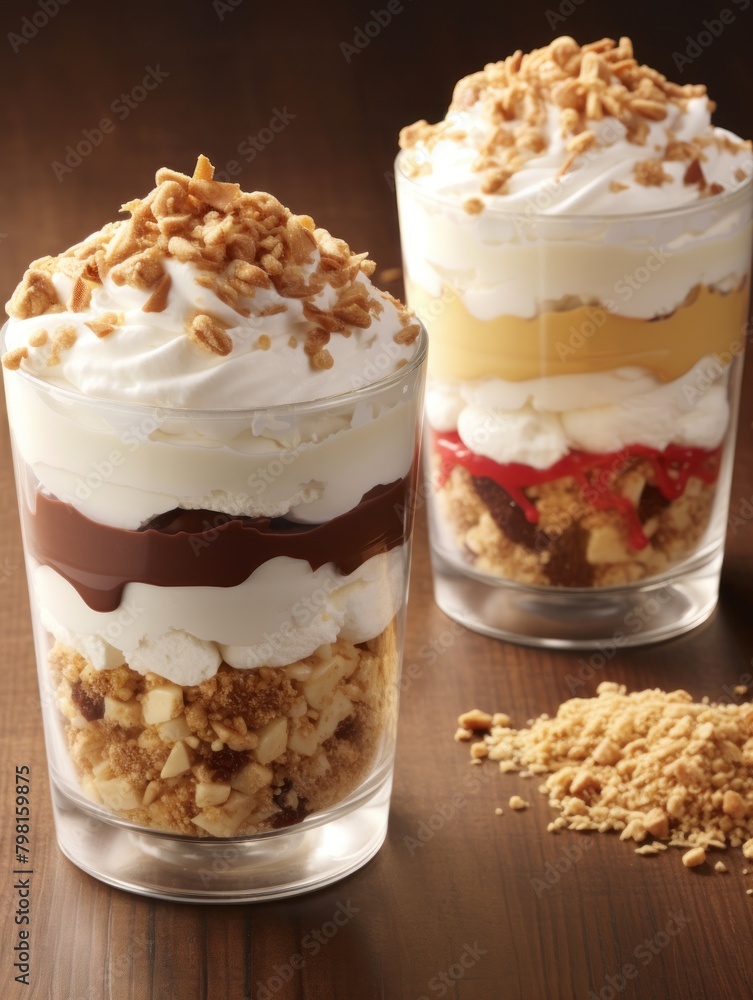 two glasses of desserts with whipped cream and crumbles two glasses of desserts with whipped cream and crumbles