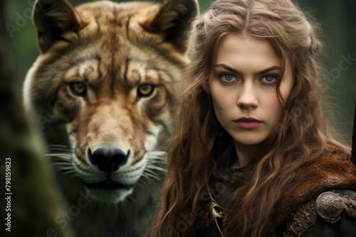 a woman with long hair and a tiger