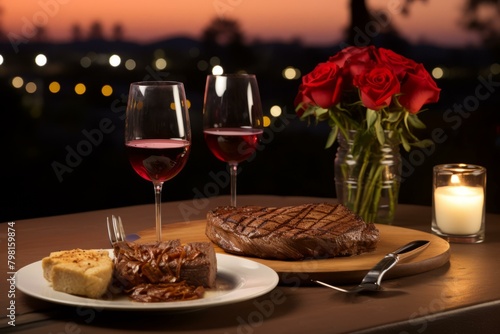 b"A delicious steak dinner with red wine and roses for Valentine's Day"