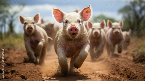 b'A group of domestic pigs running on a dirt road'