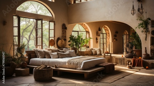 b Earthy bedroom with large windows and a comfortable bed 