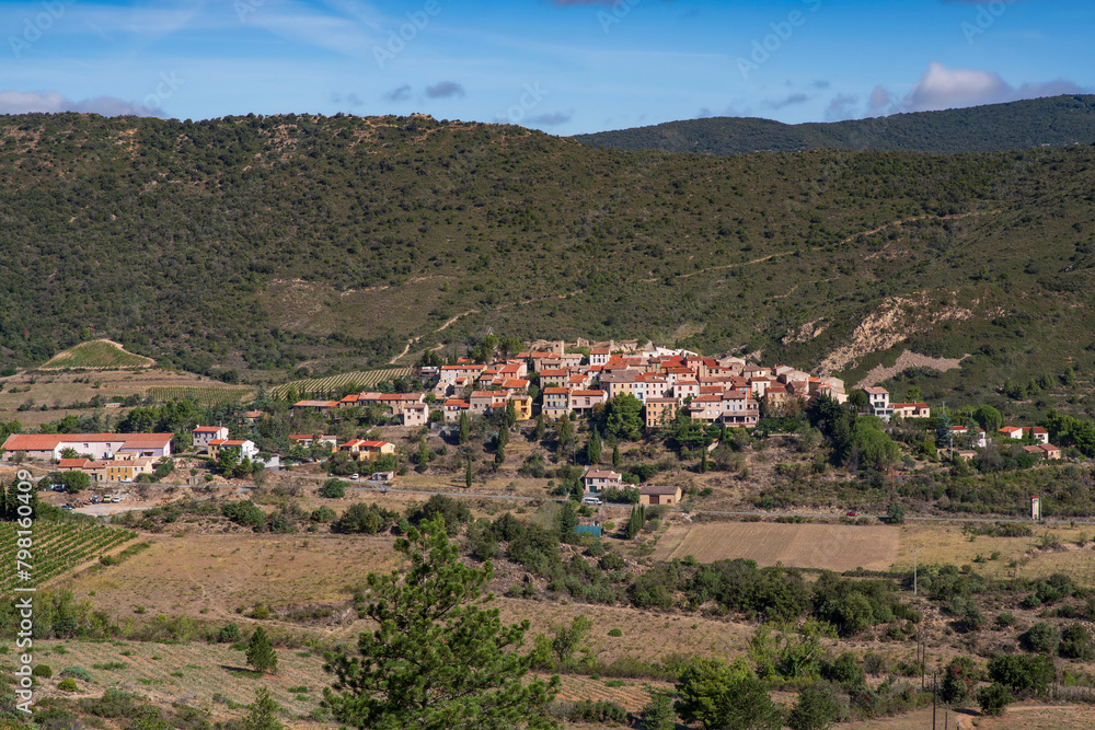 Valley and village of Cucugnan, France, Languedoc Roussillon, Occitanie region