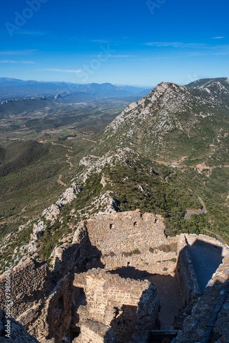 
Langedoc landscape seen from the ruins of the medieval castle of Quéribus, in the Cathar region of southern France