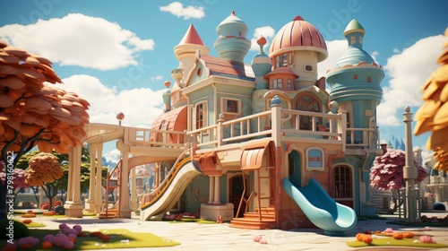 b'A colorful and whimsical 3D rendering of a cartoon castle'