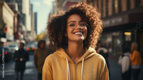 b'A young woman with curly hair smiles in front of a busy city street' #798160661