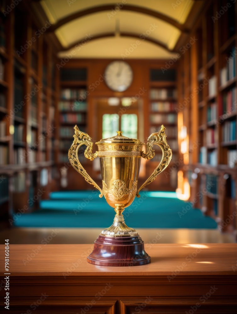 a gold trophy on a table in a library