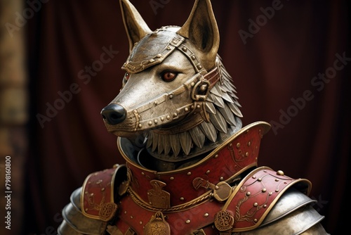 a dog in armor with red and gold accents photo