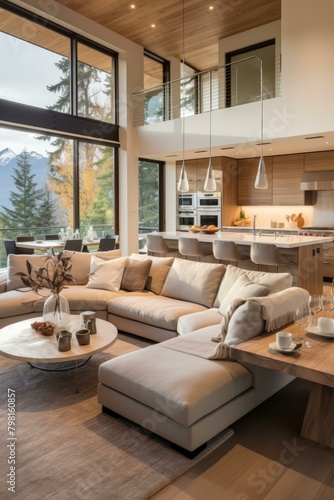 b'Modern mountain home living room with vaulted ceilings and large windows'