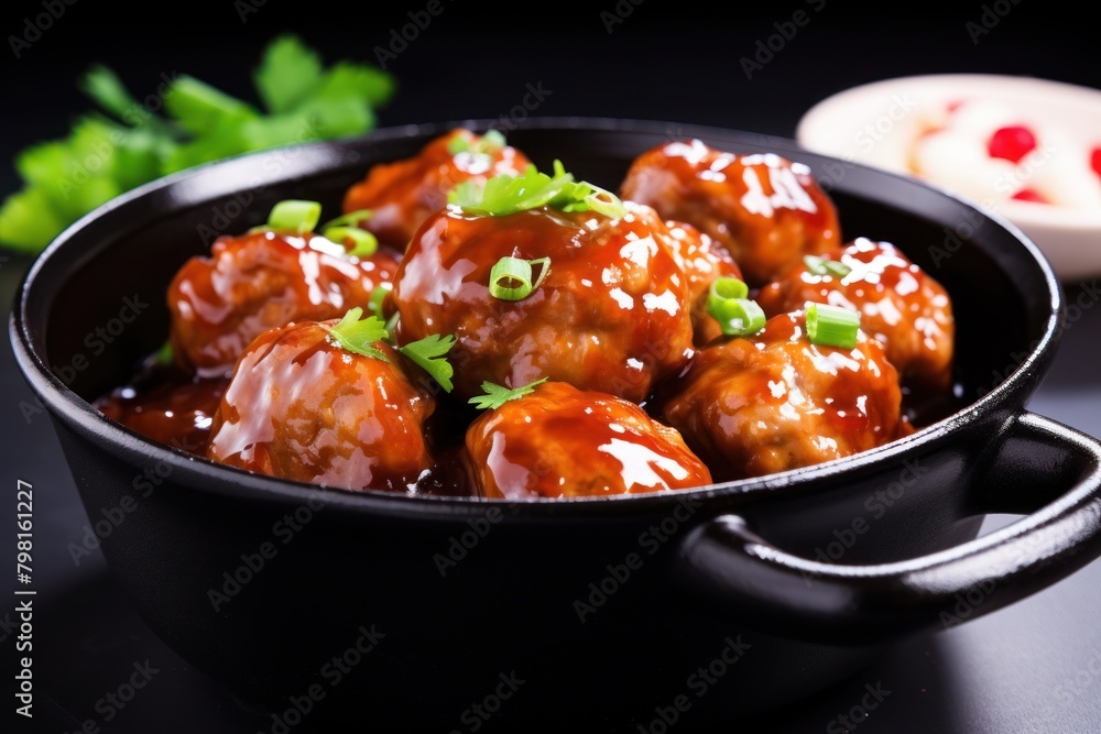 a bowl of meatballs with sauce and green onions a bowl of meatballs with sauce and green onions