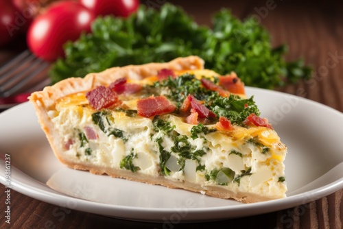 a slice of quiche on a plate