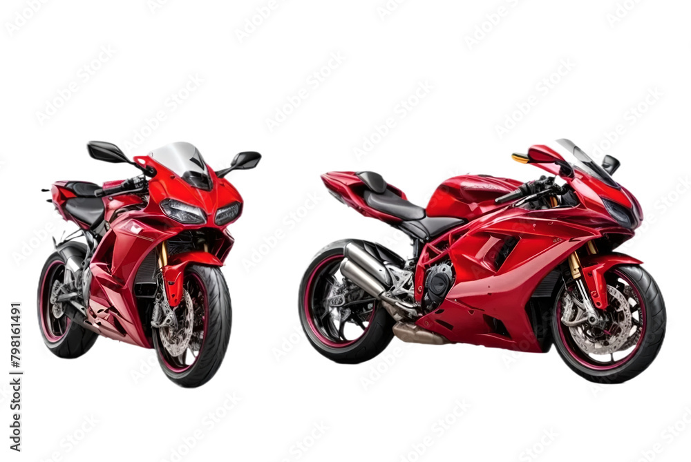 Set of orange sport bike motorcycle isolated on transparent background, side, and top view. Generative AI