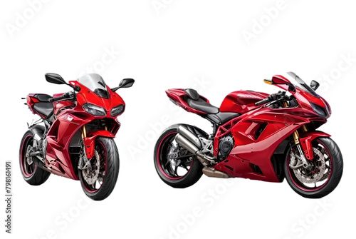 Set of orange sport bike motorcycle isolated on transparent background  side  and top view. Generative AI