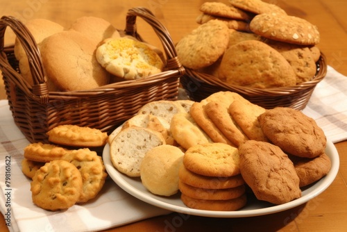 a plate of cookies and a basket of cookies photo