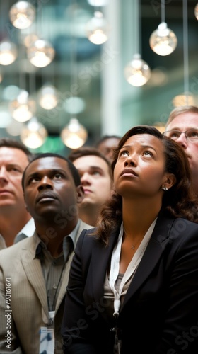 b'A group of people of various ethnicities looking up in awe'
