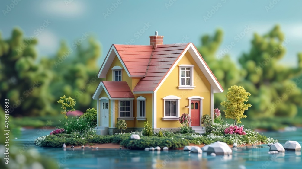 b'Small yellow house on the lake' b'Small yellow house on the lake'