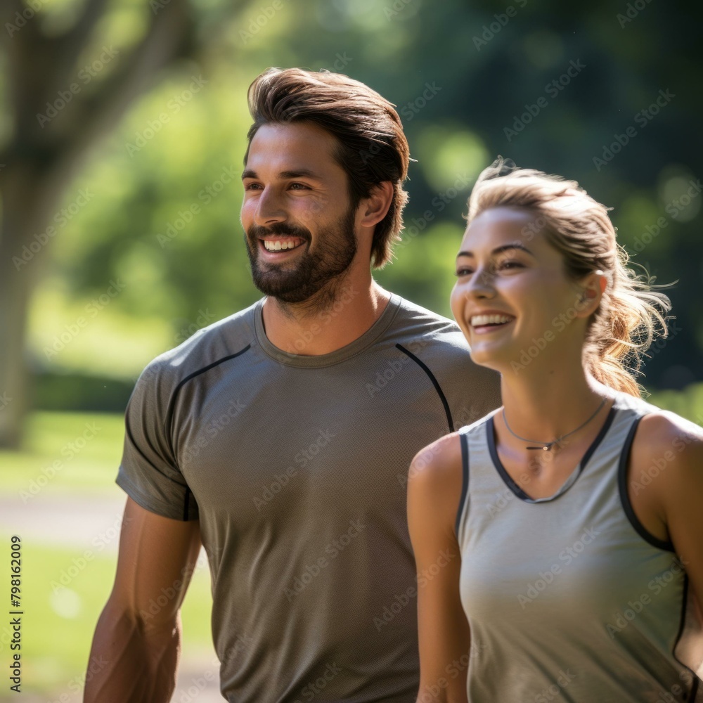 b'Couple smiling while jogging in park' b'Couple smiling while jogging in park'