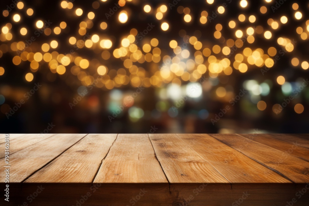 b'Empty wooden table with a blurred background of bokeh lights' b'Empty wooden table with a blurred background of bokeh lights'
