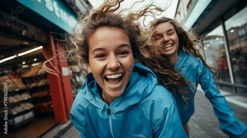 b'Two young women with long blonde hair running down a city street and smiling happily' photo