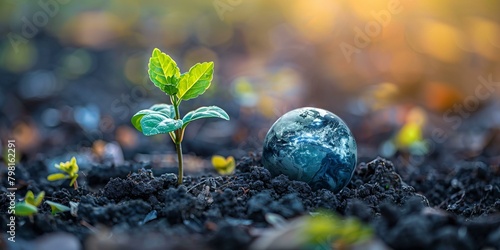 b'Growing Green Plant and Earth Globe on Soil with Blurred Green Background'