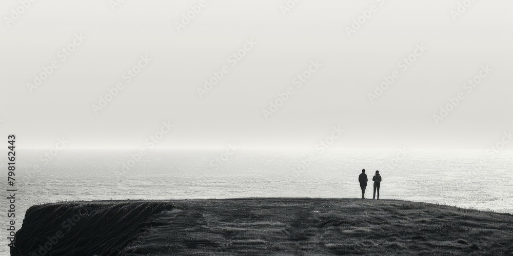b'Two people standing on a cliff overlooking the ocean'