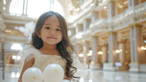 b'Little girl with balloons in a fancy building' photo