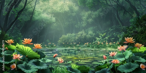 Misty pond in the middle of a lush forest with orange lotuses in the foreground photo