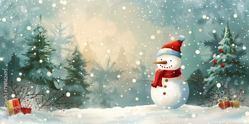 b'Snowy forest with snowman and Christmas trees' © duyina1990