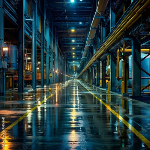 b'An empty factory building with yellow lines on the floor and pipes on the walls'