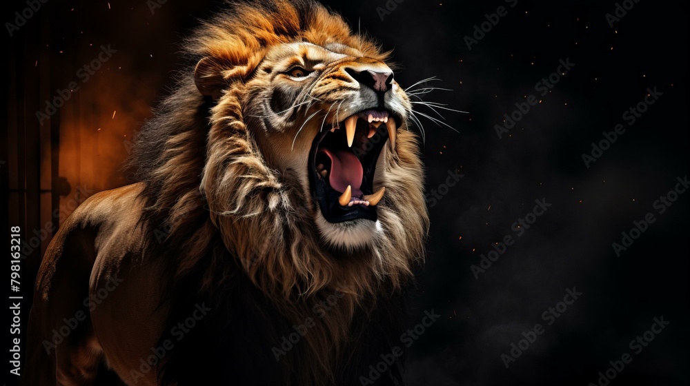 b'A lion with a dark background'