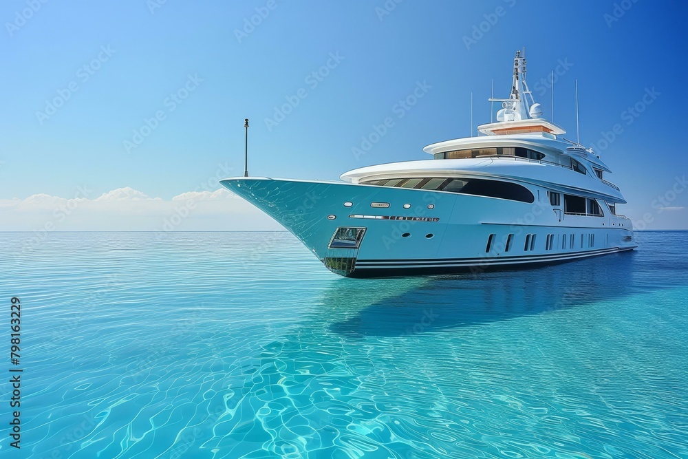 b'A large white yacht is anchored in calm blue water.' b'A large white yacht is anchored in calm blue water.'