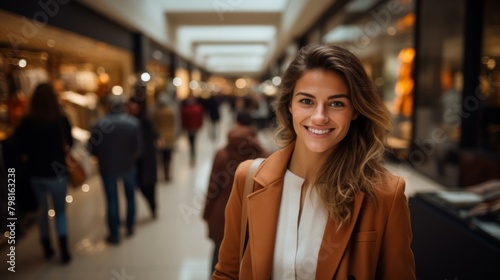 b'Portrait of a young woman smiling in a shopping mall'