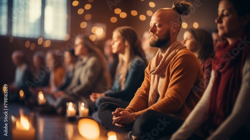 b'A group of diverse people sitting in a circle with their eyes closed and hands clasped in meditation'
