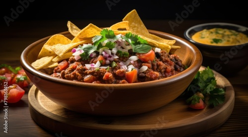 a bowl of chili with chips and salsa photo
